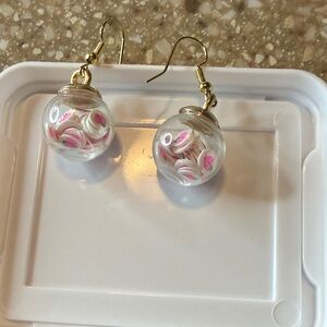 Glass Globe Earrings with Pink and White Confetti - Women Jewelry